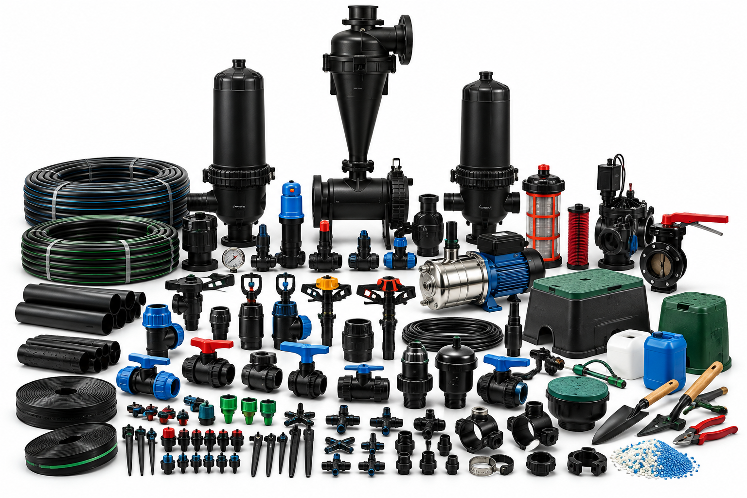 Amplia gama de accesorios de riego, filtros, tuberías, válvulas, bombas de agua y productos agrícolas